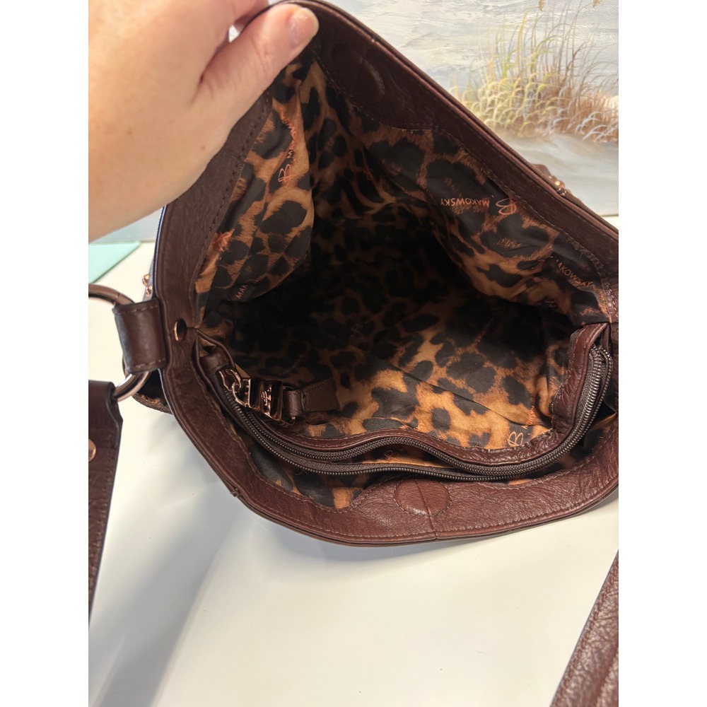 B. Makowsky Brown Leather Studded Crossbody Bag Rose Gold Hardware Pocket - Picture 9 of 12